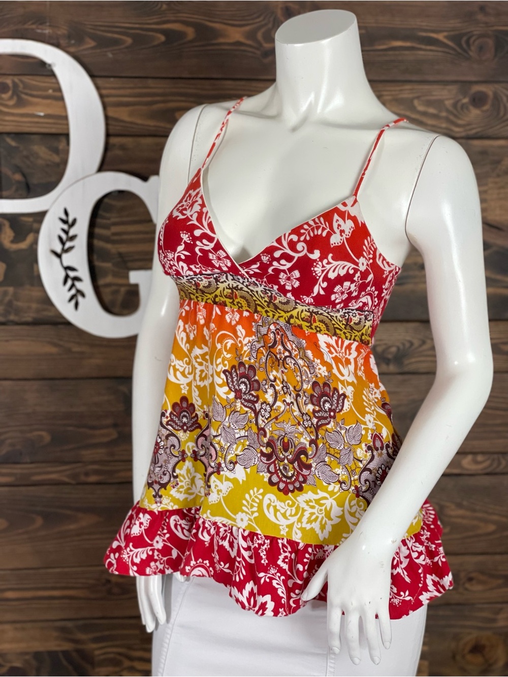 Love Rocks | Y2K Red Orange Yellow Multicolored Paisley Spaghetti-Strap Camisole